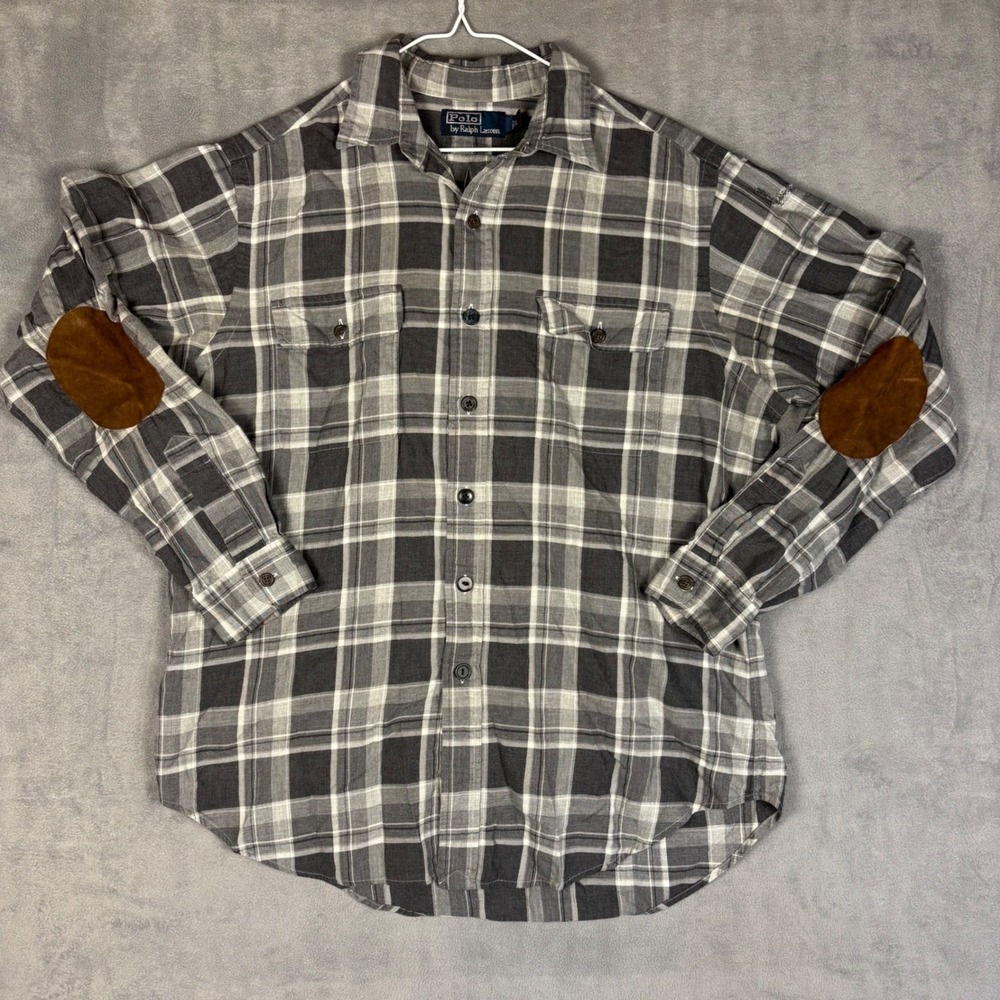 Polo Ralph Lauren Mens Grey Plaid Flannel Shirt Elbow Patches Large DIY Repair